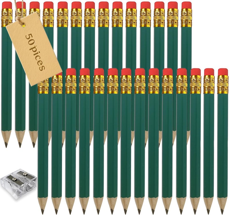Adhere 50pcs Golf Pencils with Eraser Hexagon Wooden half Pencils Graphite 2B for Golf Event Scoring, Classroom, Wedding, Pew, Pocket | Free Pencil Sharpener (Green・Hexagon・50pcs) - Image 1